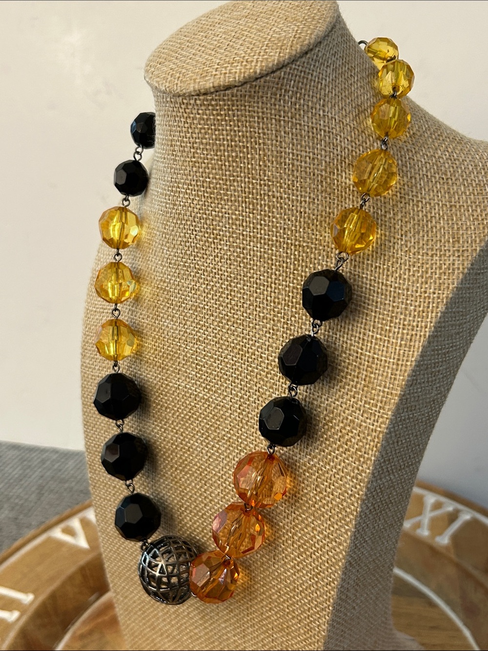 Black, Amber and Yellow acrylic beaded Statement Necklace with a silver ball